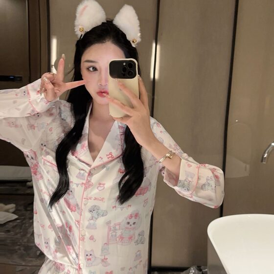[Cat tailor] Girl's sweet pajamas women's cartoon printed long sleeve suit spring ice silk home wear Women