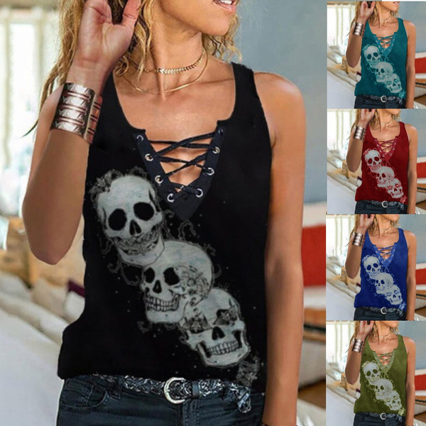 Women's Vest Sleeveless T-shirts Patchwork Punk Skull display picture 1