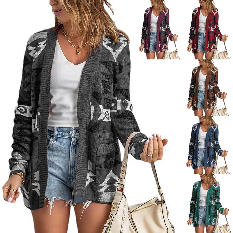 2022 Autumn and Winter European and American Cross-Border Export New Women's Halloween Loose Sweater Christmas Printed Knitted Cardigan