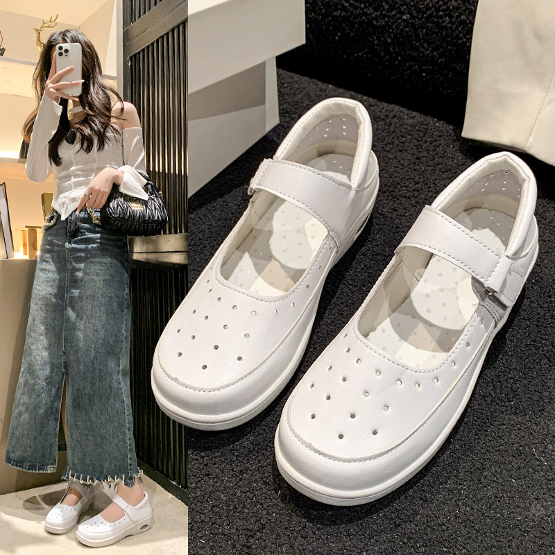New spring and autumn nurse shoes women's breathable soft bottom wedge hollow shoes white non-slip mother shoes casual work shoes