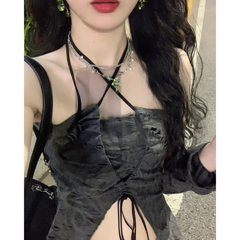 廃土風y 2k首ストラップベスト女性欧米音楽祭ジャズダンスkpopはジャズダンスの上着を着ている|undefined