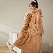 秋冬加绒加厚连帽睡衣睡裙大睡袍情侣款保暖长款家居加厚保暖