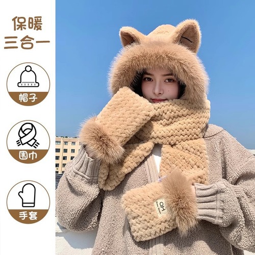 Headband, scarf, and gloves set for winter women, fluffy and warm, one-piece cycling, cute fox ear ear protector