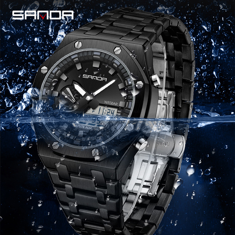 SANDA reloj electrónico popular correa de acero Luz de elevación manual reloj despertador multifuncional de moda para hombres frescos 3357