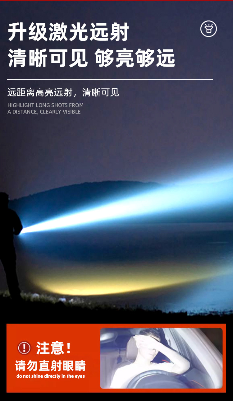 New white laser flashlight Type-C charging strong light outdoor zoom super bright long-range light with power display
