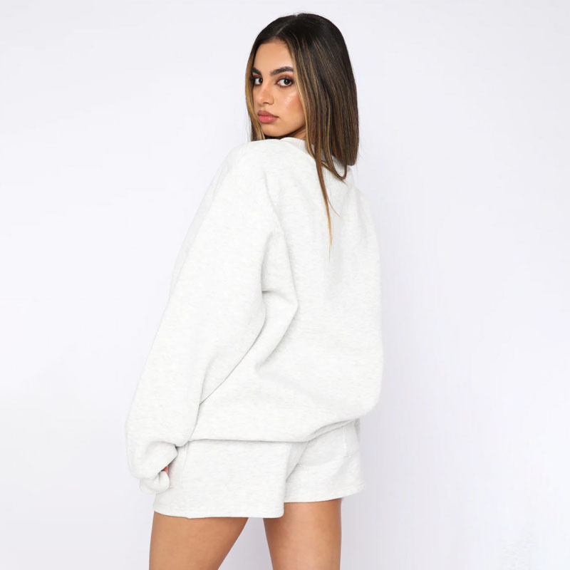 Einfarbiger Pullover, Rundhalsausschnitt, Langarm, modisches, lässiges Shorts-Set_voghion.com