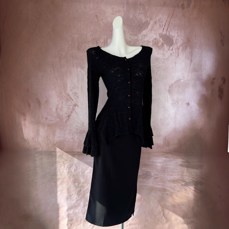 Witch Style Black Bell Sleeve Top Pure Wish Wear Irregular Design Scrub Lace Hot Girl Dress