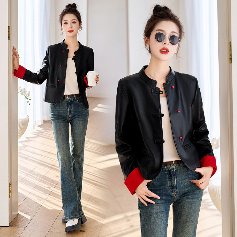 New Chinese-Style Leather Jacket for Women, 2025 Autumn and Winter New Fashion, Stylish and Elegant, National Style with Buckle, Sheepskin Slimming Top
