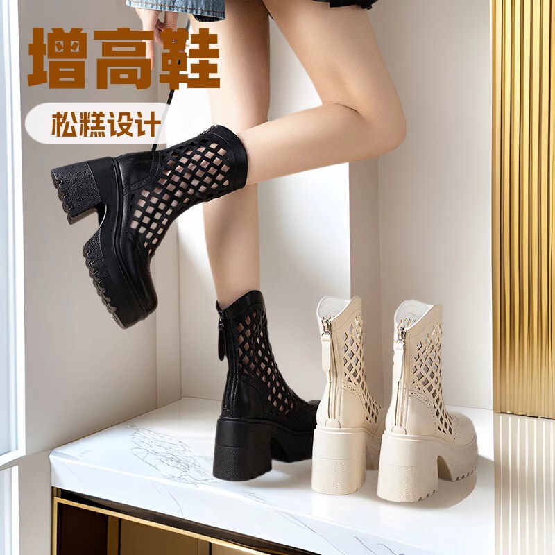 Hollow Martin Boots for Women, Summer 2026 New Model, 10cm Thin Breathable Short Boots, Height-Increasing Thick-Soled Sandals