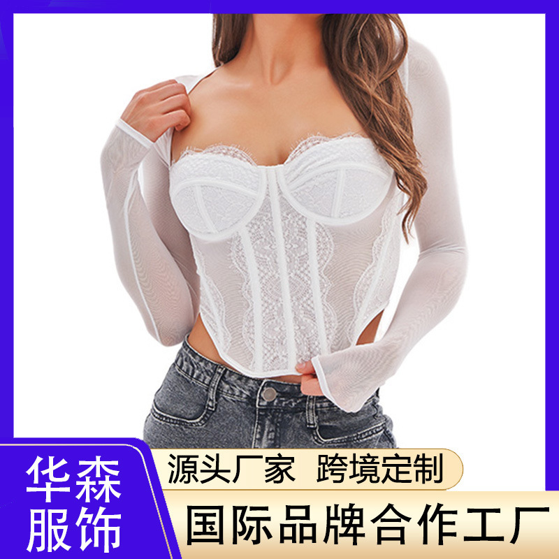 New European and American Cross-Border Steel Ring Slim Mesh Splicing Top Sexy Lace See-Through Long-Sleeved Fishbone Bra