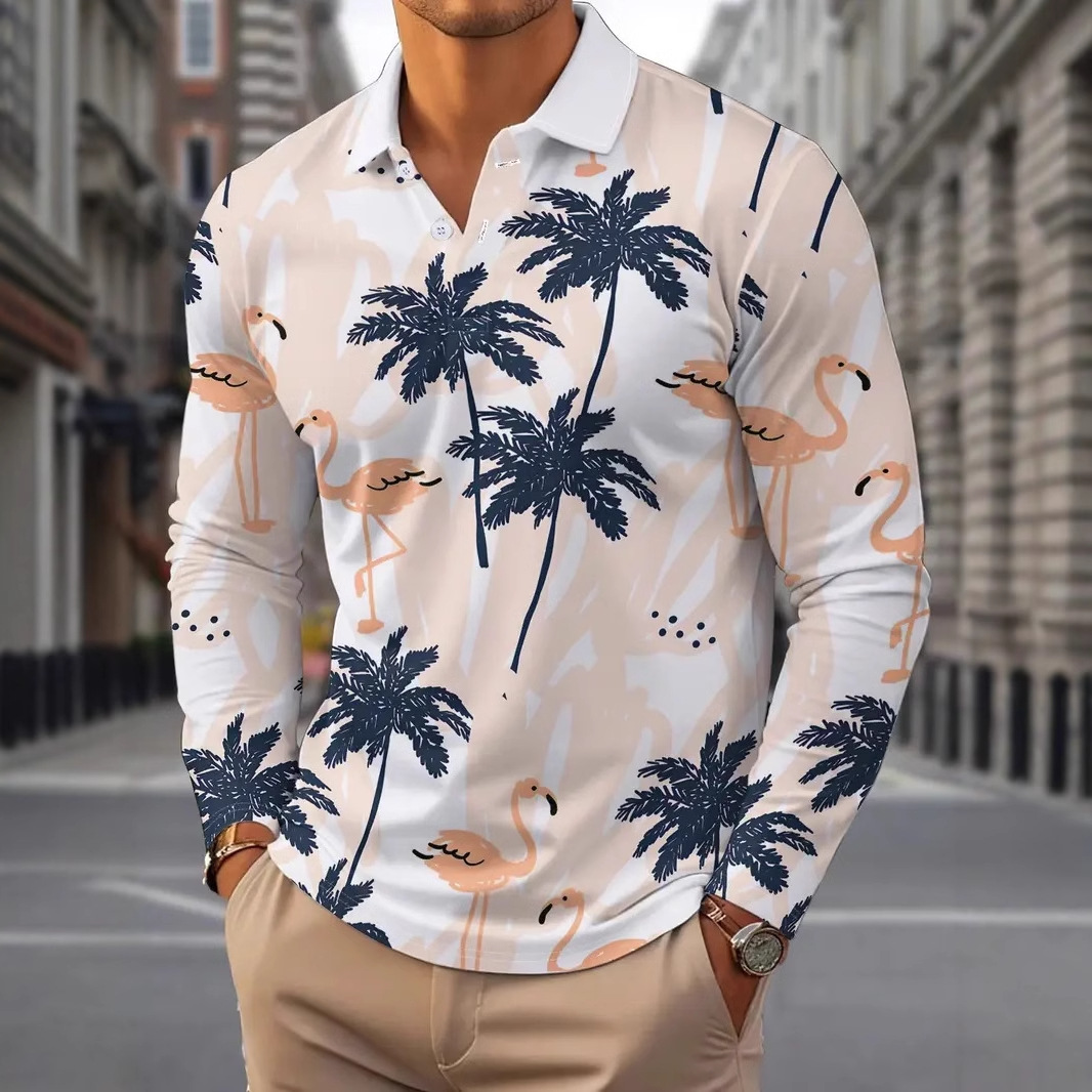 Vacaciones casuales para hombres malla suelta transpirable manga larga botón cuello POLO camisa venta caliente playa cocotero impresión 3D