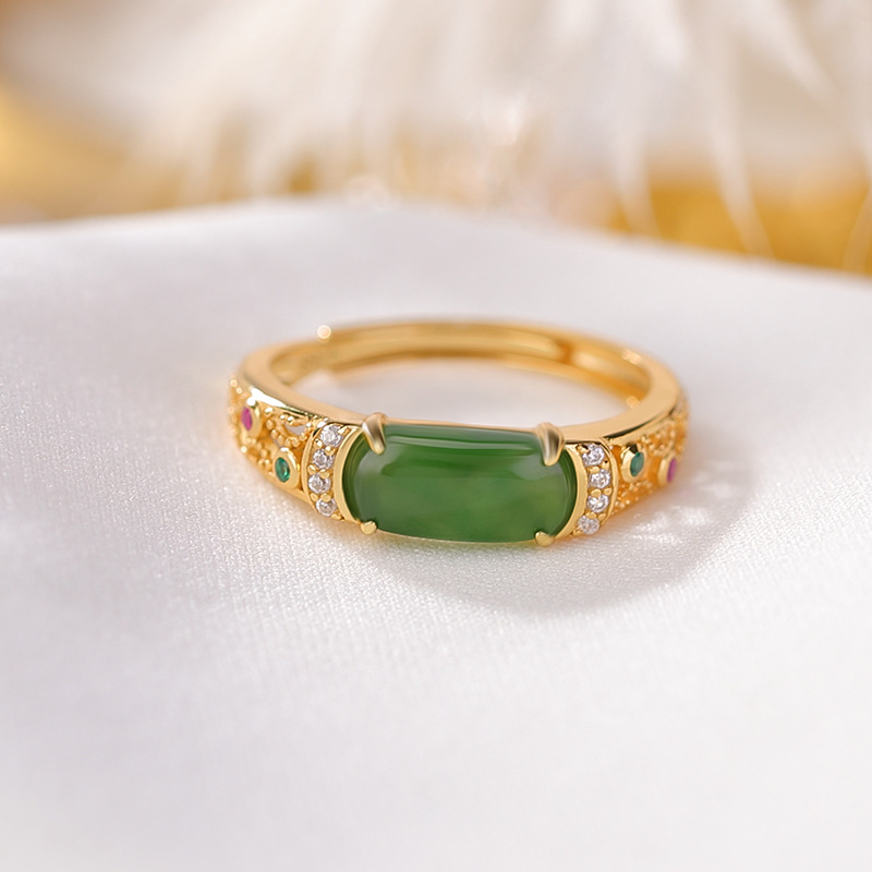 Nhẫn yên xe bạc S925 mạ vàng đính ngọc bích jasper cổ điển sang trọng — Bạc 925