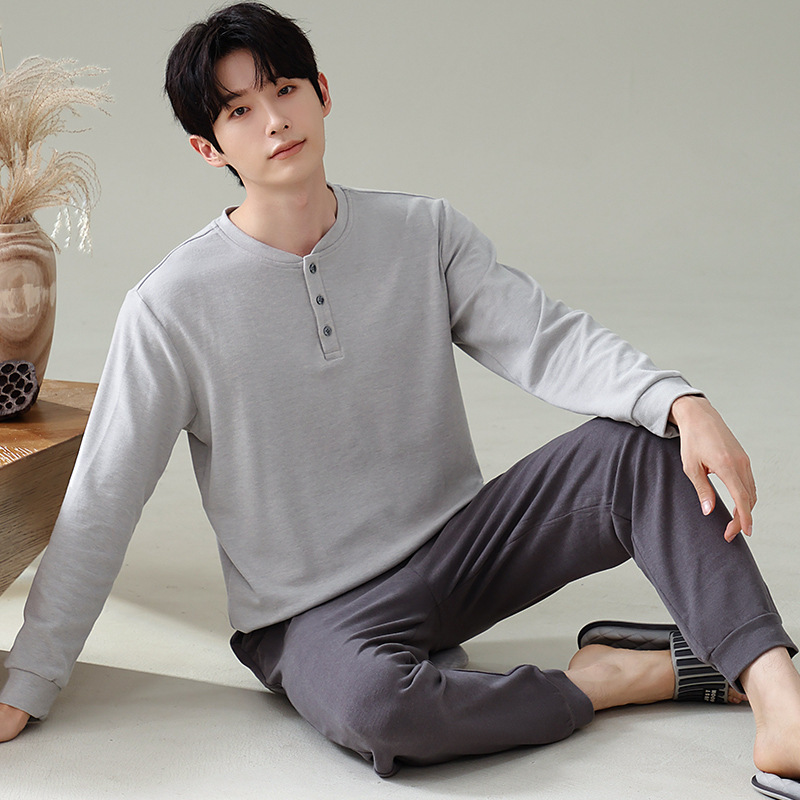 2025 New Derong Pajamas Men's Autumn and Winter Long Sleeves Long Pants Round Neck Teen Men's Large Size Home Clothes Set