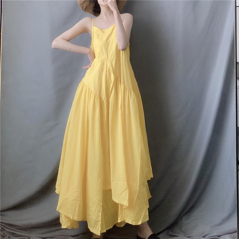 [2.7 Thousand People Collect] Lemon Yellow Extra Long Asymmetrical Large Hem Suspender Skirt Dress Literary and Fresh Summer