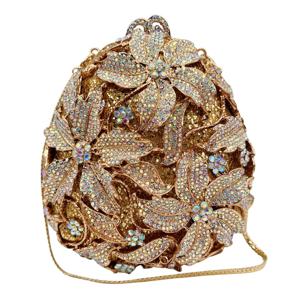 Túi clutch nữ đính kim cương hộp cứng dự tiệc — Vàng AB, Kim cương trắng trên vàng, kim cương vàng trên nền vàng, màu vàng chi tiết 4