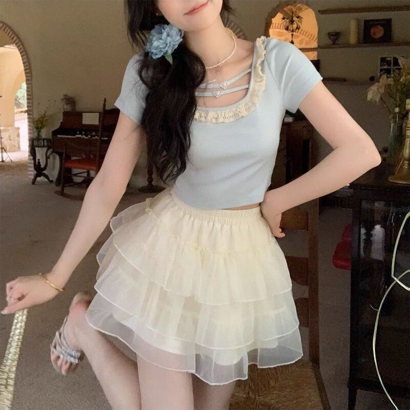 Pure Cotton Summer New Style Pure Desire Style Lace Bow Cute Short-sleeved T-shirt Women's Sweet and Hot Slim-fit Short Top Trendy