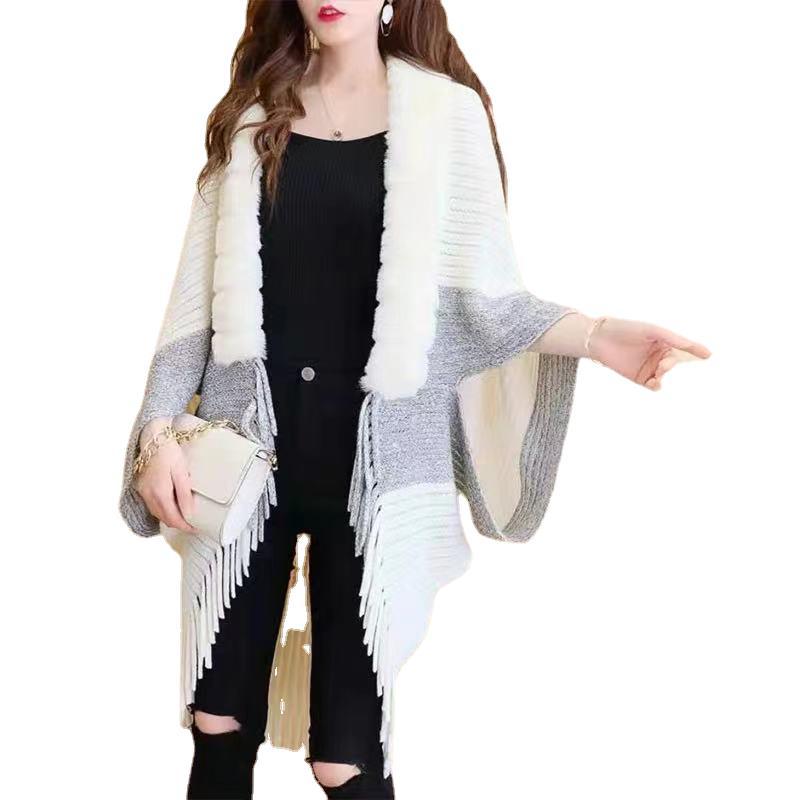 Lös pälskrage fransar stickad sjal cape stor storlek kofta cape kappa kvinna_voghion.com