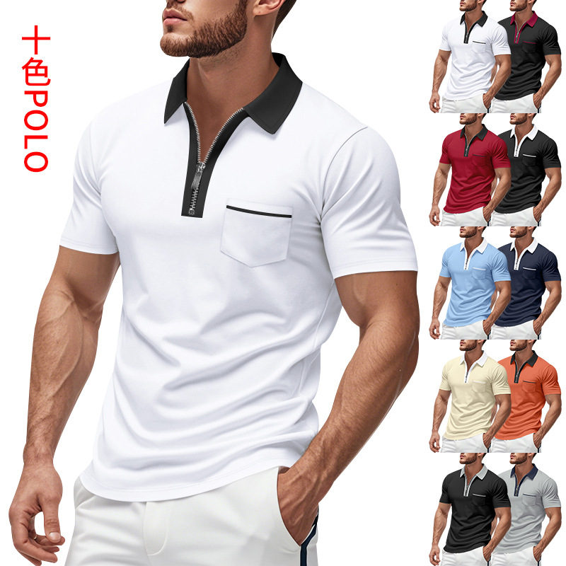Independent Station Cross-Border Men's Summer Golf Casual Business British Style Color-Blocked Lapel Zipper Polo Short-Sleeved Men
