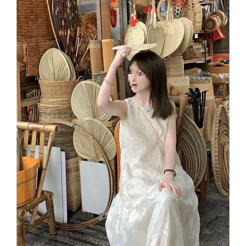 작은 중간 길이 민소매 조끼 원피스 신선한 첫사랑 자카드 흰색 원피스