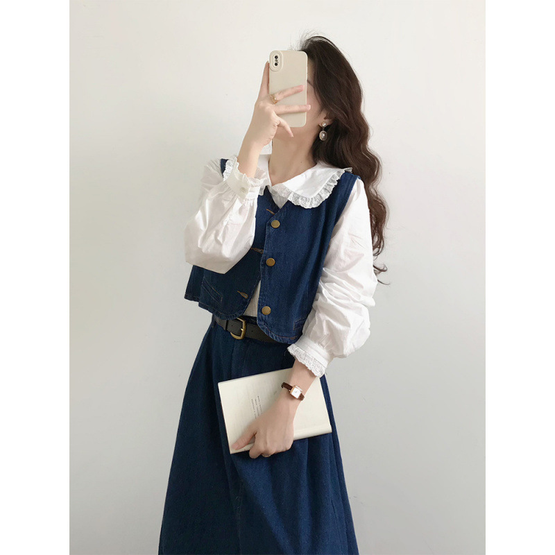 Blue Denim Vest dress Three-Piece Set Women's Spring Tea Dress Set with Korean Drama Chanel Style suit