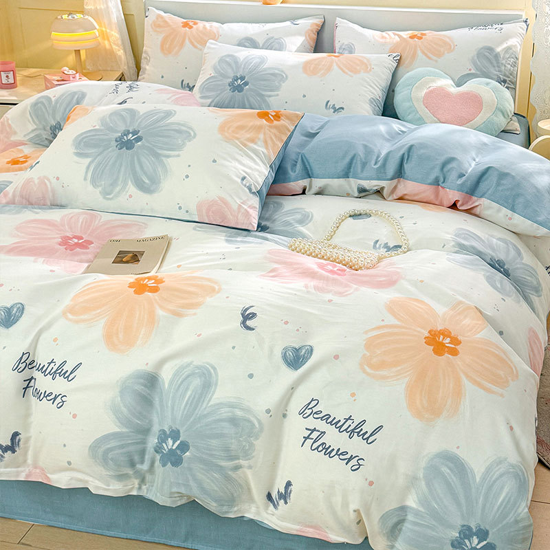 Juego de cuatro piezas de algodón fresco, juego de tres piezas de algodón, funda de edredón gruesa para el hogar, sábana de dormitorio, lijado, cama individual para estudiantes