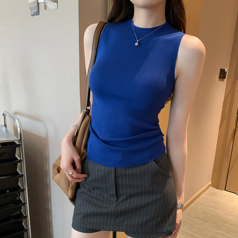 Foreign Trade European and Korean Style Lazy Half Turtleneck Sleeveless Knitwear for Women 2025 Summer New Style Beautiful Inner Vest