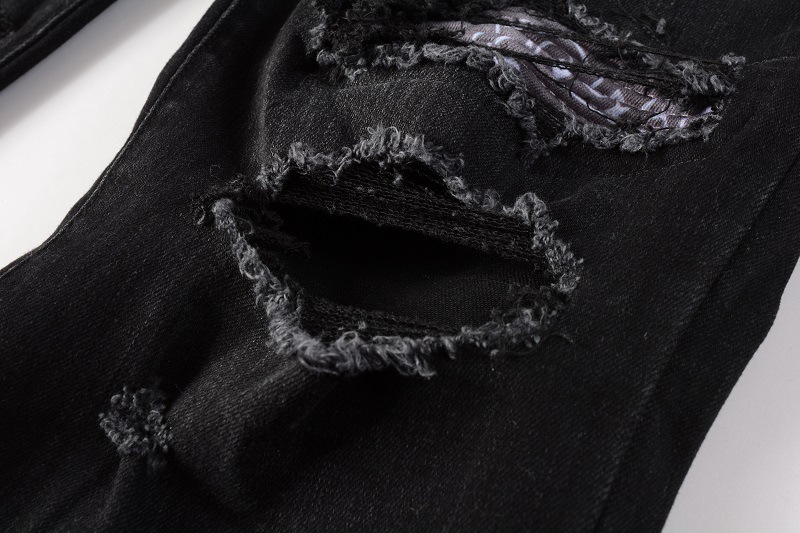 Men's Clothing ins same style cat whisker wrinkled color patchwork hole elastic slim fit skinny jeans jeans_voghion.com