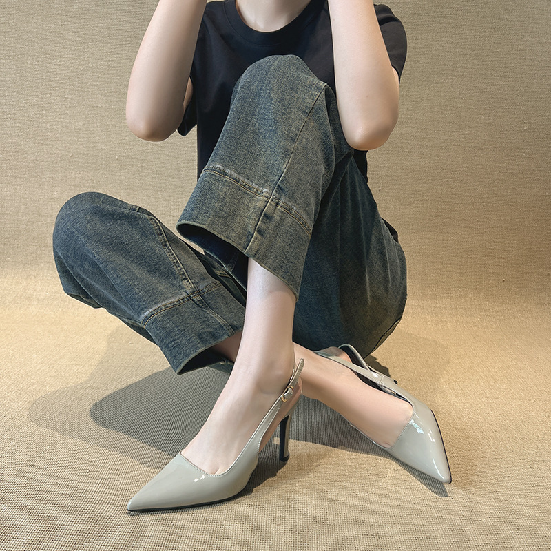 French-Style Classic Minimalist Gray High-Heeled Shoes for Women, Pointed Toe, Open Back, Single Strap, Versatile for Commuting and Parties, Stiletto Sandals