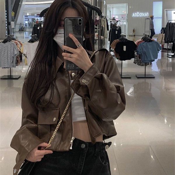 Trendy Short Leather Jacket for Women in Spring, Autumn, and Winter, Popular Motorcycle Style, Versatile Hong Kong Style, Petite Size Trendy Short Leather Jacket for Women in Spring, Autumn, and Winter, Popular Motorcycle Style, Versatile Hong Kong Style, Petite Size