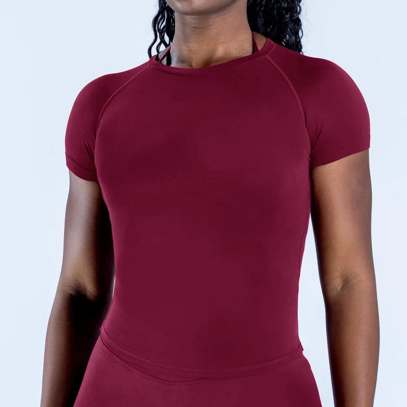 Amazon Seamless Yoga Short-Sleeved High-Elastic Moisture-Wicking Tight-Fitting T-Shirt Slim-Fitting Hip-Length Outer Wear Sports Short-Sleeved Women's