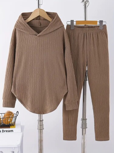 European and American Autumn/Winter Fashionable Casual Suit for Women: Solid-Color Homewear—Long-Sleeved Hoodie with Hat and Long Pants, Two-Piece Set