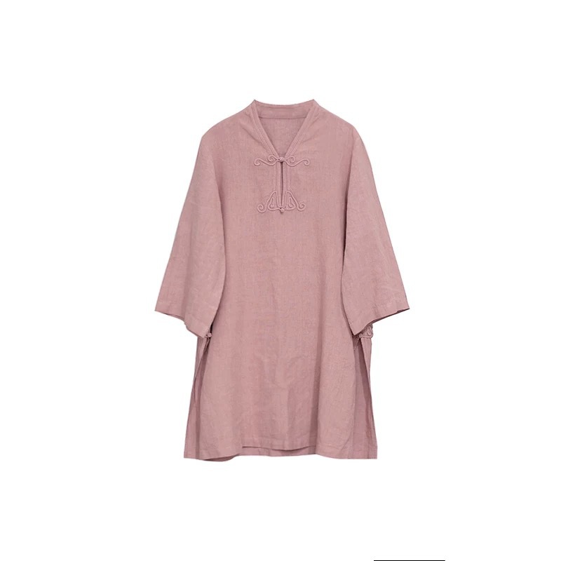 大拙东方美学蝴蝶扣新中式改良洗旧亚麻七分袖宽松套头衬衫91012