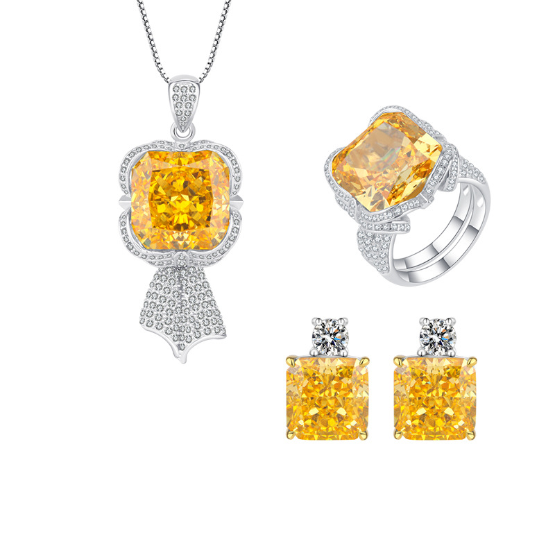 Zhuang Sheng joyería S925 plata diamante amarillo diamante cuadrado elegante traje de lujo piedra principal 14*14 10*10
