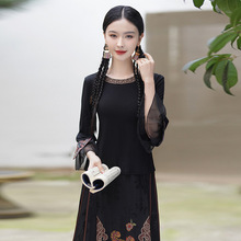 新款新中式改良中国风绣花针织T恤上衣百搭春夏洋气打底衫黑色