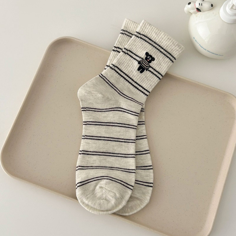 Calcetines con bordado de perro, estilo japonés, rayas divertidas, cómodos para primavera y otoño.