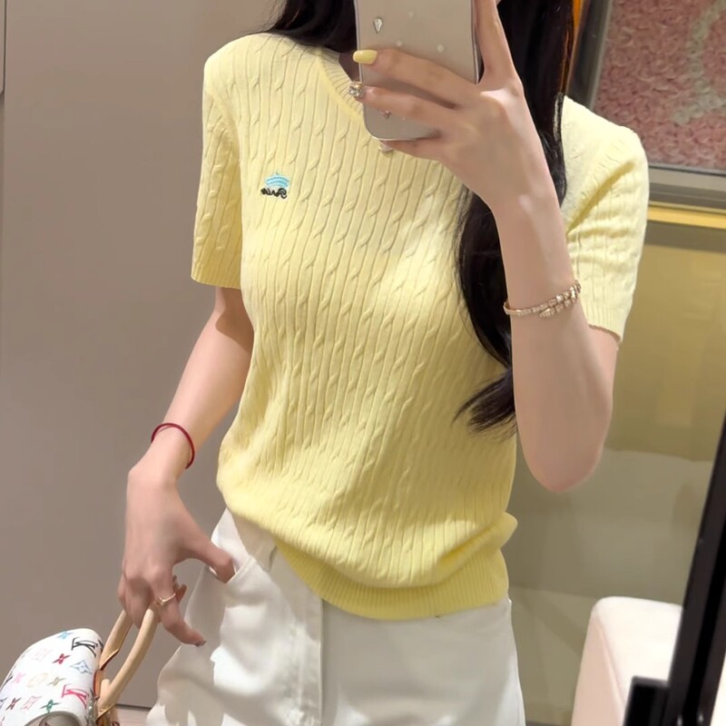 Summer New Andy Velvet Twist Embroidered Round Neck Short-sleeved T-shirt Knitted Shirt All-match Simple Fashion Pullover Top Women