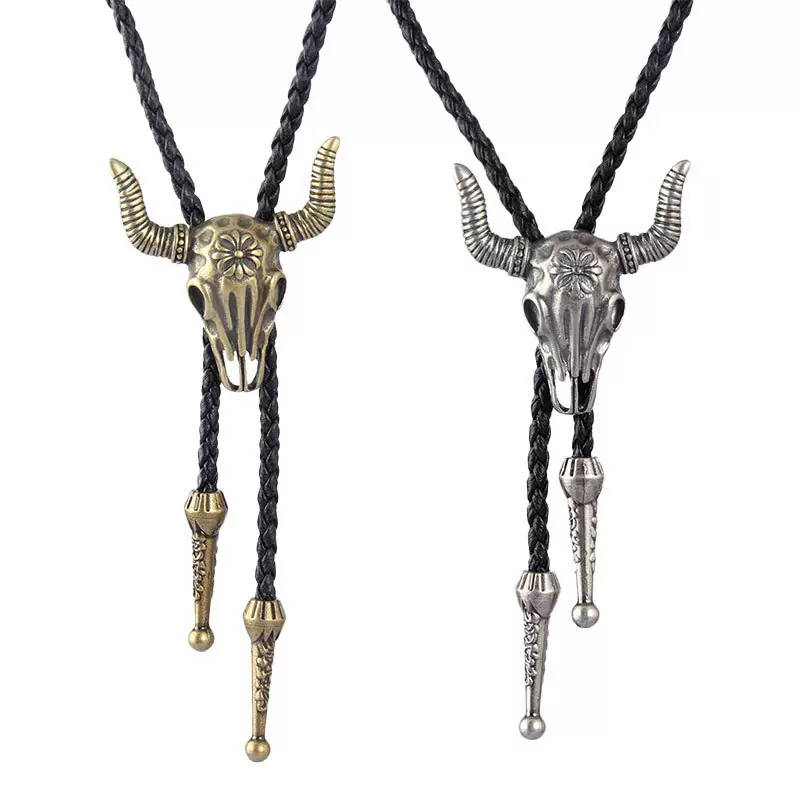 欧美跨境长款皮革合金牛头项链饰品时尚男女通用新款复古皮革项链