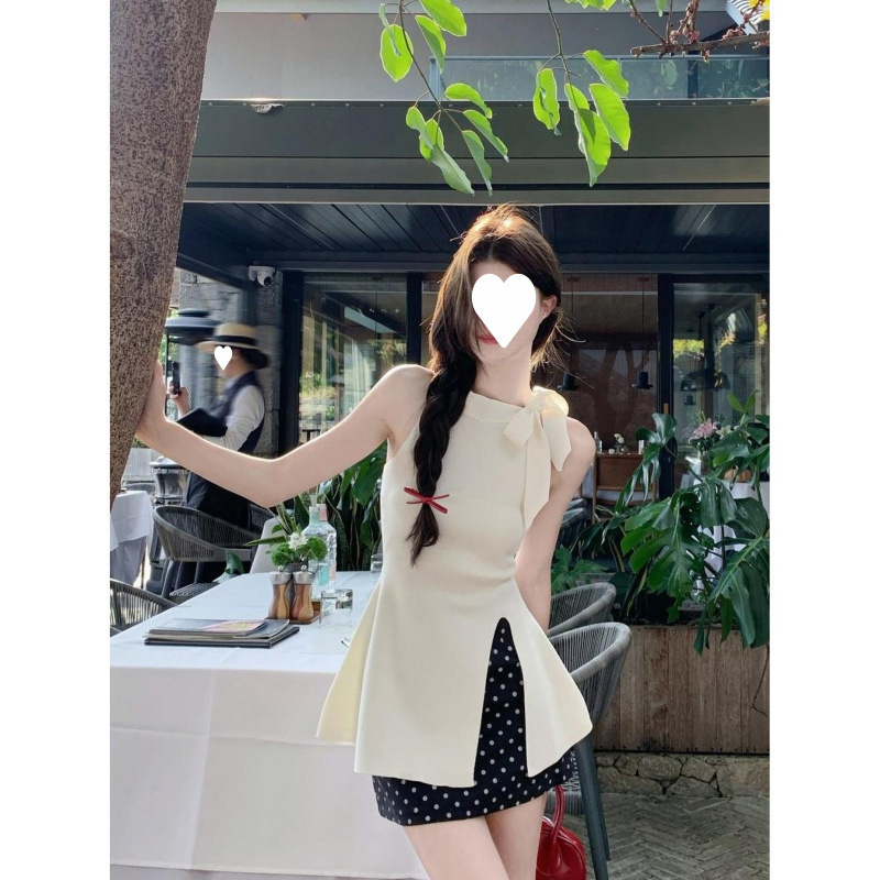 法式挂脖蝴蝶结开叉背心女2025夏季新款设计感小众修身显瘦上衣潮|undefined