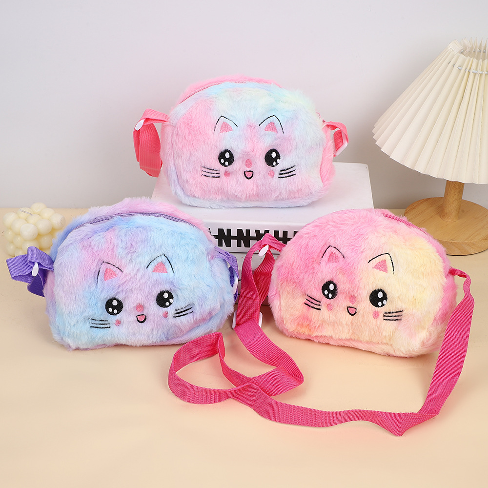 Nuevo cross-border atado teñido creativo ojo grande felino peluche bordado mochila de hombro de dibujos animados para niños lindo bolsa de almacenamiento