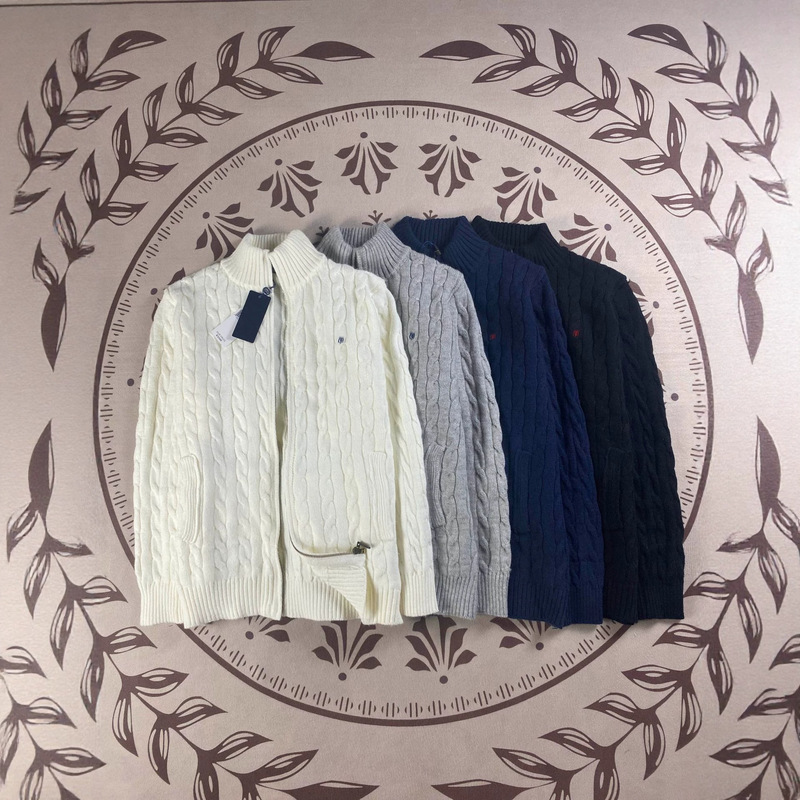 Cross-border RL Ralph Lauren men's and women's autumn/winter cable-knit sweater with full zipper, available for couples, featuring embroidered details and a QR code