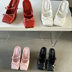 2024春夏歐美新款時髦方頭蝴蝶結高跟拖鞋女後空細跟包頭穆勒涼拖