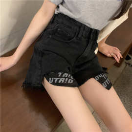 短裤女夏季宽松阔腿裤显瘦黑色牛仔裤设计感字母热裤高腰直筒裤子