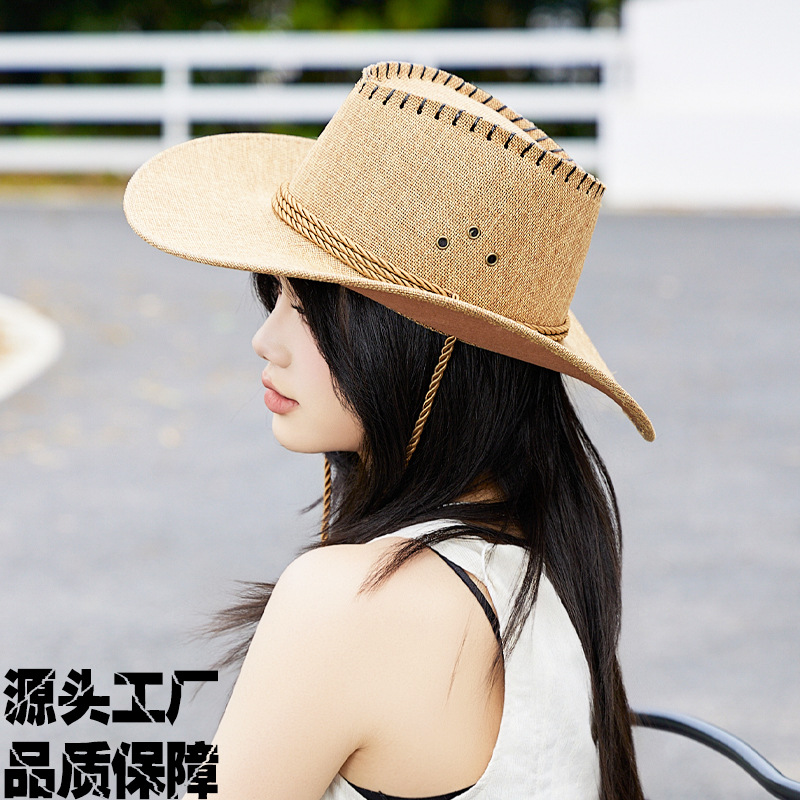 Western Cowboy Hat Summer Versatile Sunshade Hat Linen Travel Fishing Prairie Men's and Women's Straw Hat Cowboy Hat