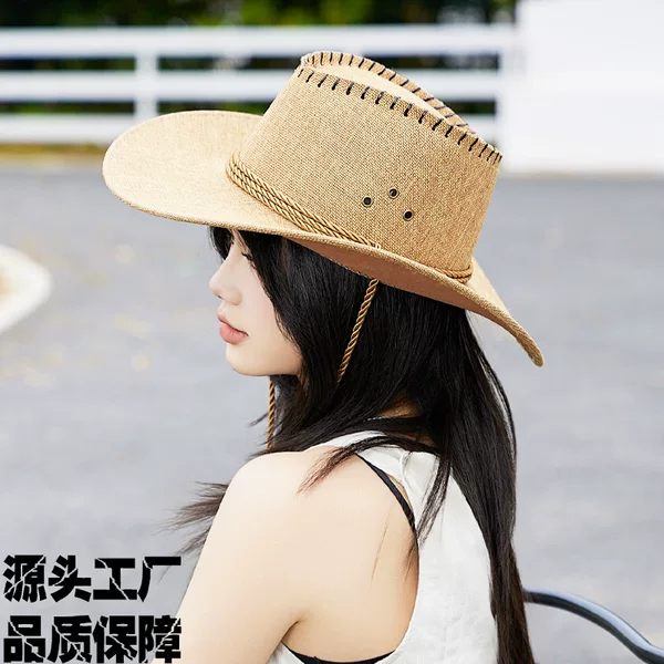 Western Cowboy Hat Summer Versatile Sunshade Hat Linen Travel Fishing Prairie Men's and Women's Straw Hat Cowboy Hat