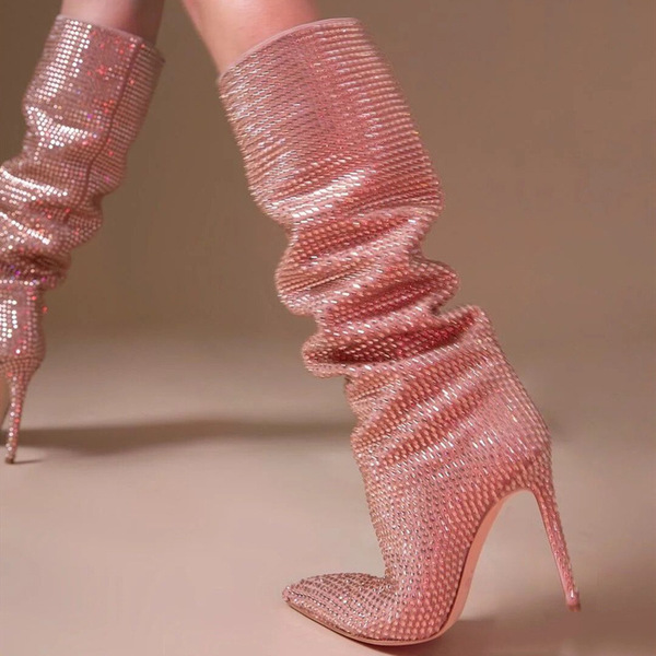 fashionable women's high boots heels with rhinestones pointed-toe