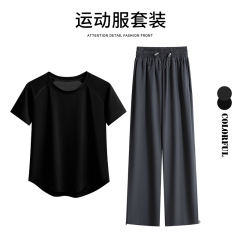 运动短袖长裤套装女夏季薄款户外骑行跑步锻炼透气健身服瑜伽套装