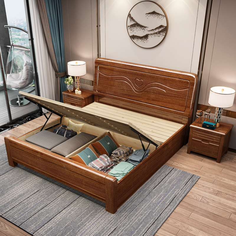 Nueva cama de madera maciza china de nogal 1,8 m dormitorio cama simple moderna cama doble 1,5 m caja de almacenamiento cama de boda