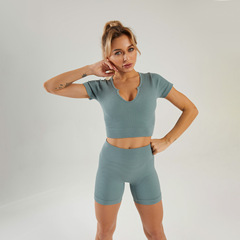 2021新款性感緊身無縫針織U型短袖短褲瑜伽運動服
