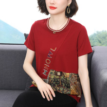 拼接撞色复古短袖T恤女夏装2024年新款宽松中老年妈妈装女装批发