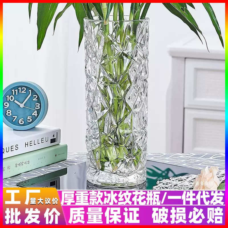 高级感加厚透明玻璃花瓶冰纹水晶轻奢创意水培插鲜花客厅装饰摆件